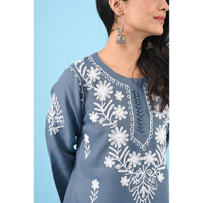 House of Chikankari Zinia Embroidered Cotton Straight Kurta Grey