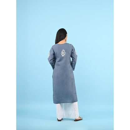 House of Chikankari Zinia Embroidered Cotton Straight Kurta Grey