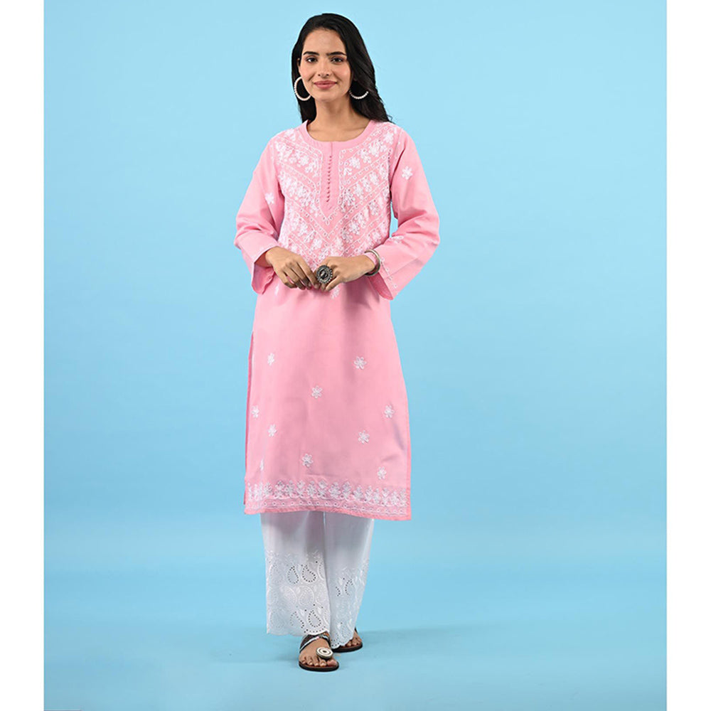 House of Chikankari Zinia Embroidered Cotton Straight Kurta Pink