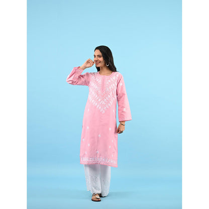 House of Chikankari Zinia Embroidered Cotton Straight Kurta Pink