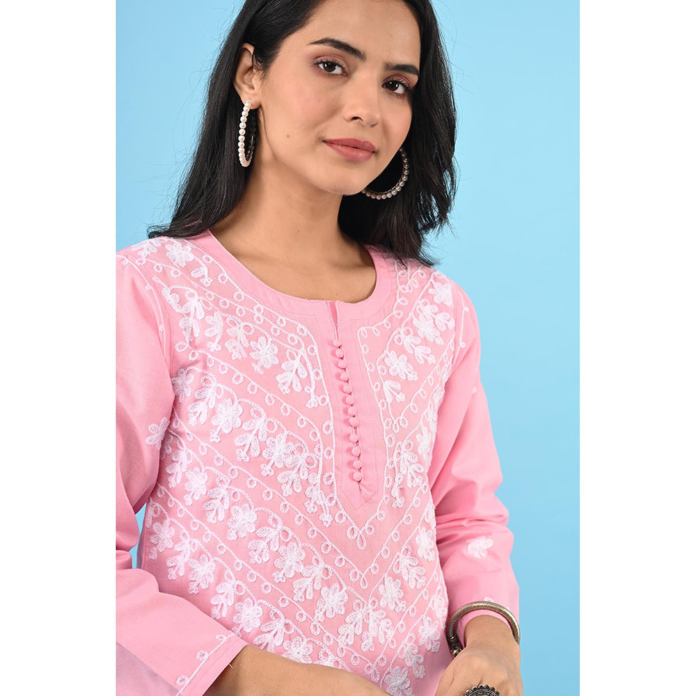 House of Chikankari Zinia Embroidered Cotton Straight Kurta Pink