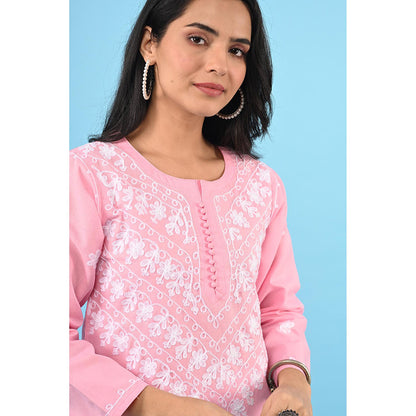 House of Chikankari Zinia Embroidered Cotton Straight Kurta Pink