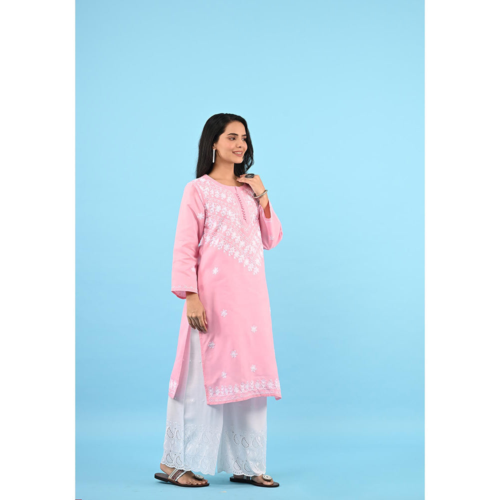 House of Chikankari Zinia Embroidered Cotton Straight Kurta Pink