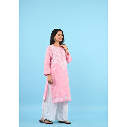 House of Chikankari Zinia Embroidered Cotton Straight Kurta Pink