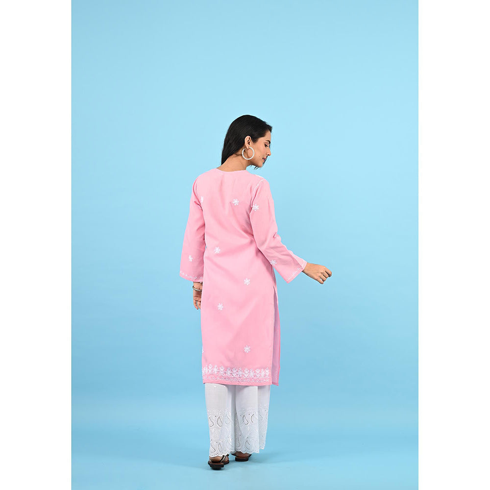 House of Chikankari Zinia Embroidered Cotton Straight Kurta Pink