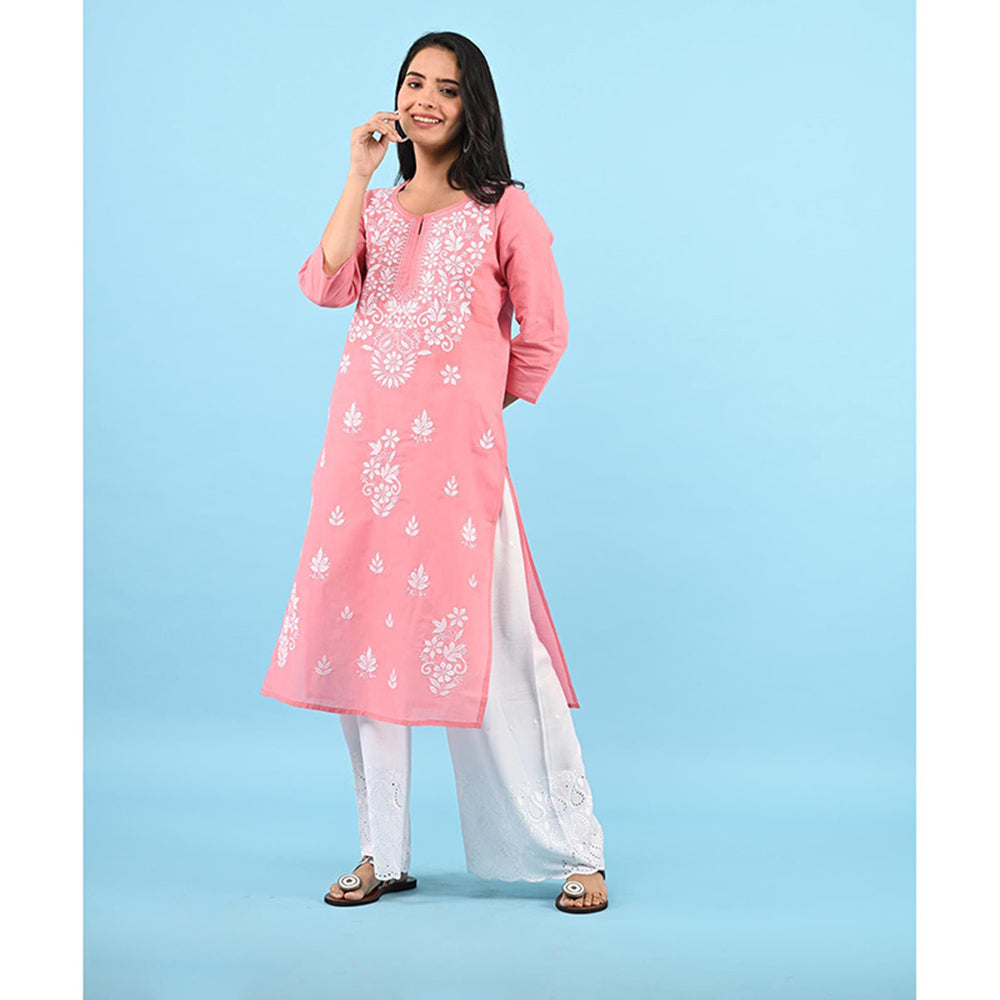 House of Chikankari Zinia Embroidered Cotton Straight Kurta Pink