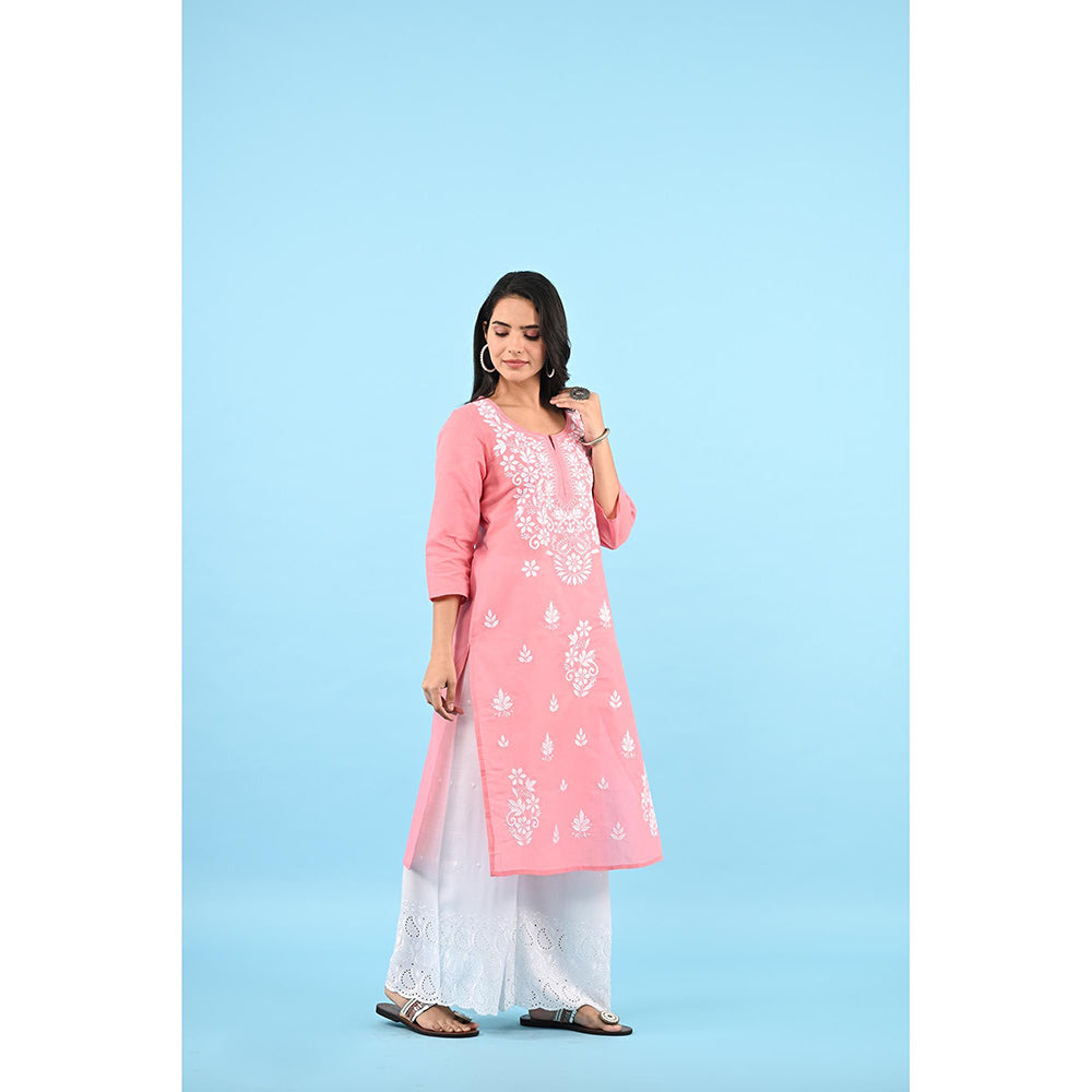 House of Chikankari Zinia Embroidered Cotton Straight Kurta Pink