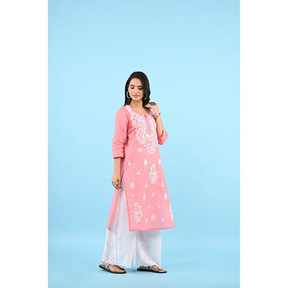 House of Chikankari Zinia Embroidered Cotton Straight Kurta Pink