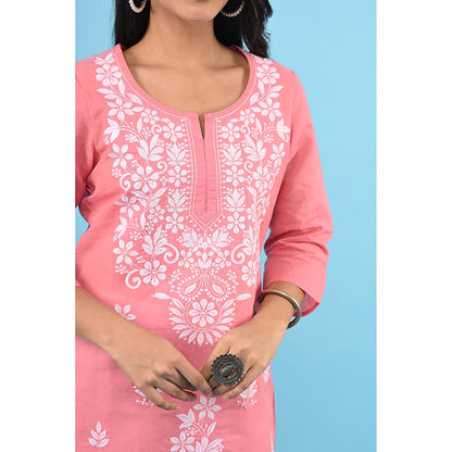 House of Chikankari Zinia Embroidered Cotton Straight Kurta Pink
