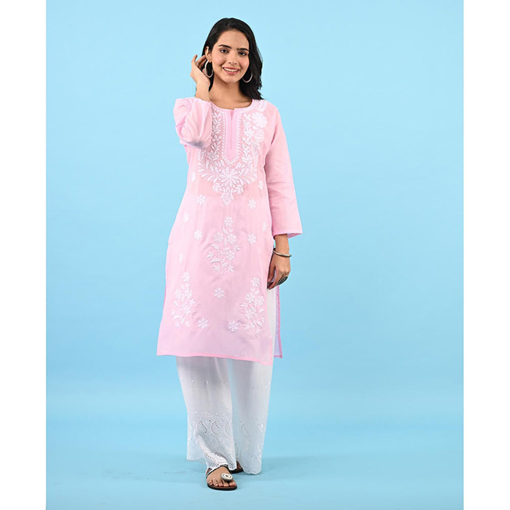 House of Chikankari Zinia Embroidered Cotton Straight Kurta Pink