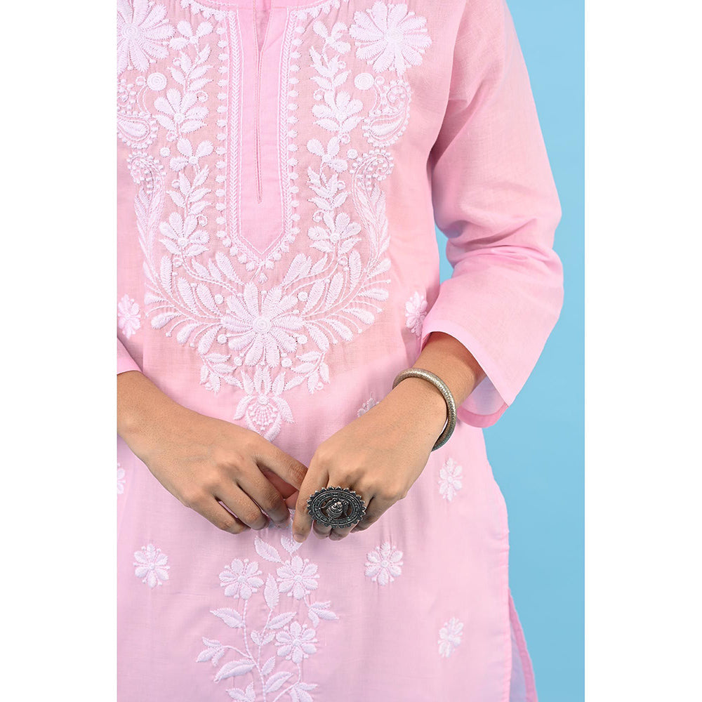 House of Chikankari Zinia Embroidered Cotton Straight Kurta Pink