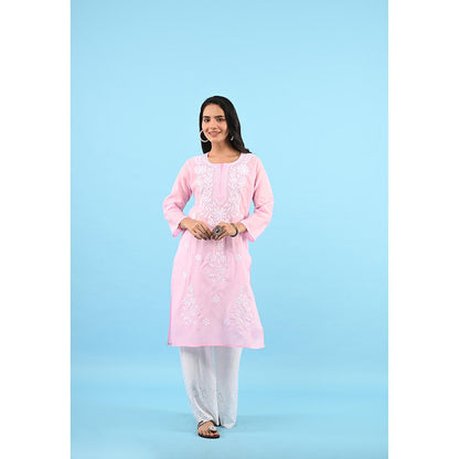 House of Chikankari Zinia Embroidered Cotton Straight Kurta Pink