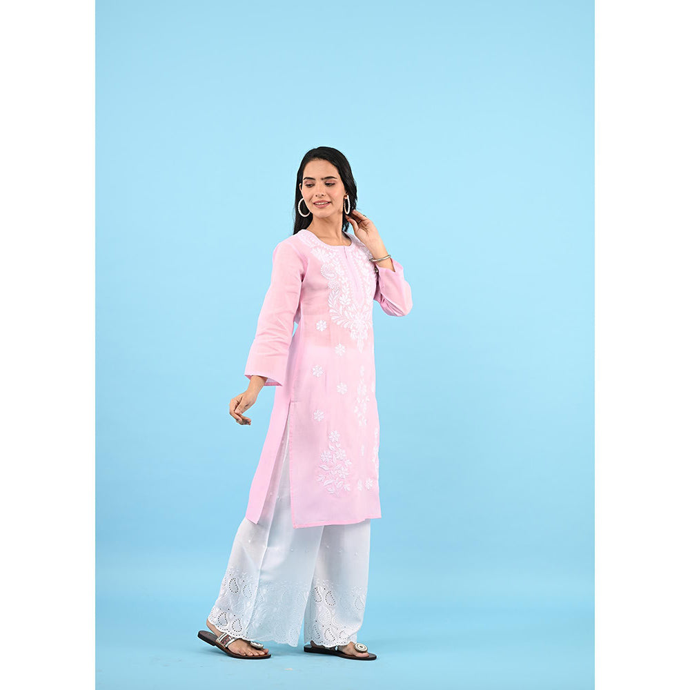 House of Chikankari Zinia Embroidered Cotton Straight Kurta Pink