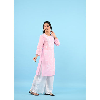 House of Chikankari Zinia Embroidered Cotton Straight Kurta Pink