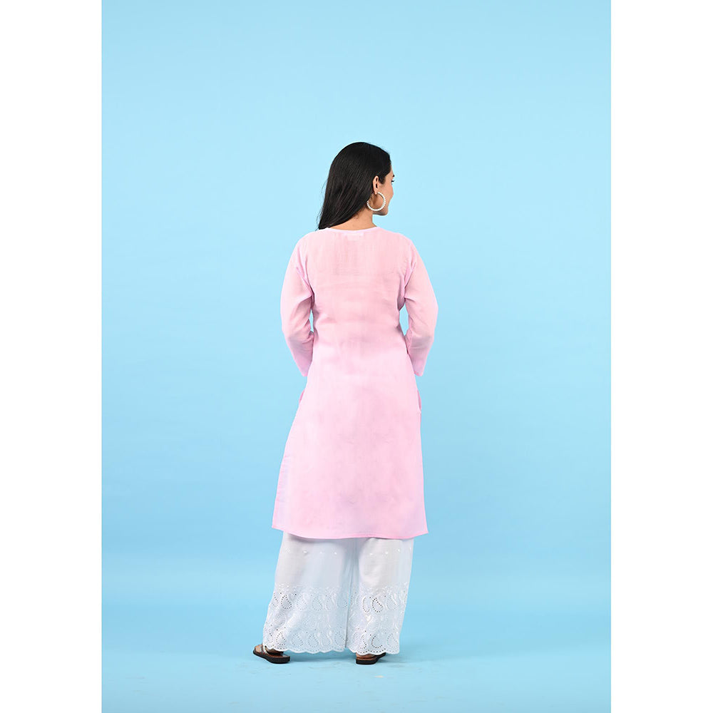 House of Chikankari Zinia Embroidered Cotton Straight Kurta Pink
