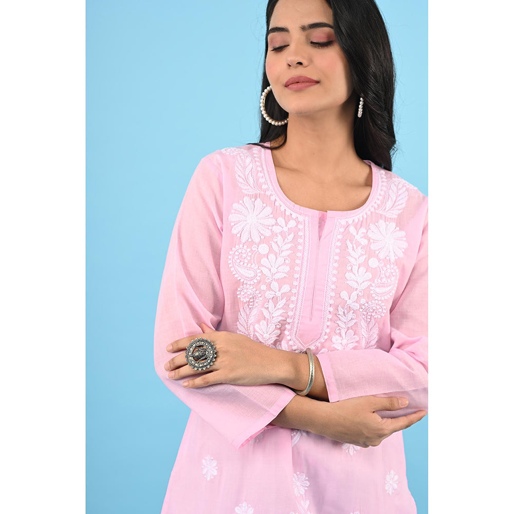 House of Chikankari Zinia Embroidered Cotton Straight Kurta Pink