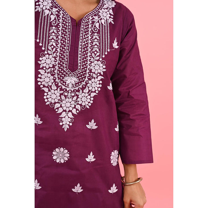 House of Chikankari Zinia Embroidered Cotton Straight Kurta Purple