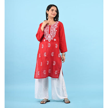 House of Chikankari Zinia Embroidered Cotton Straight Kurta Red