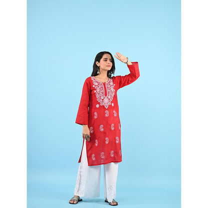 House of Chikankari Zinia Embroidered Cotton Straight Kurta Red