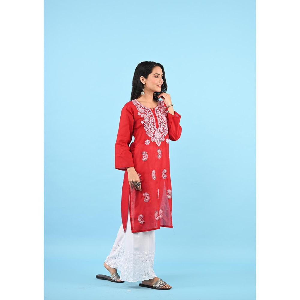 House of Chikankari Zinia Embroidered Cotton Straight Kurta Red