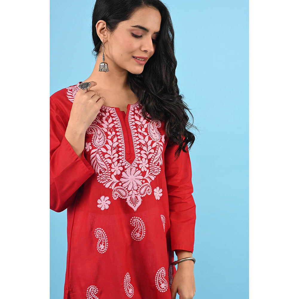 House of Chikankari Zinia Embroidered Cotton Straight Kurta Red