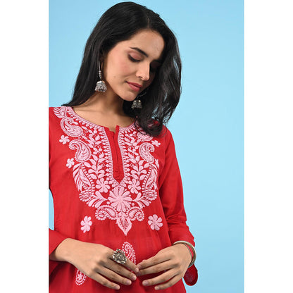 House of Chikankari Zinia Embroidered Cotton Straight Kurta Red