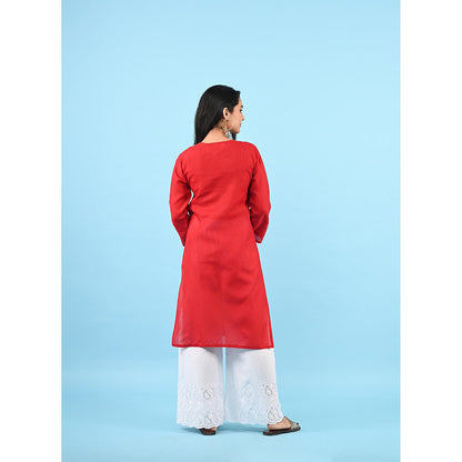 House of Chikankari Zinia Embroidered Cotton Straight Kurta Red