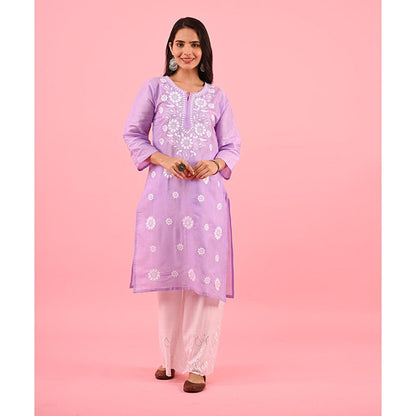 House of Chikankari Zinia Embroidered Cotton Straight Kurta Violet