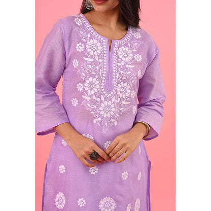 House of Chikankari Zinia Embroidered Cotton Straight Kurta Violet