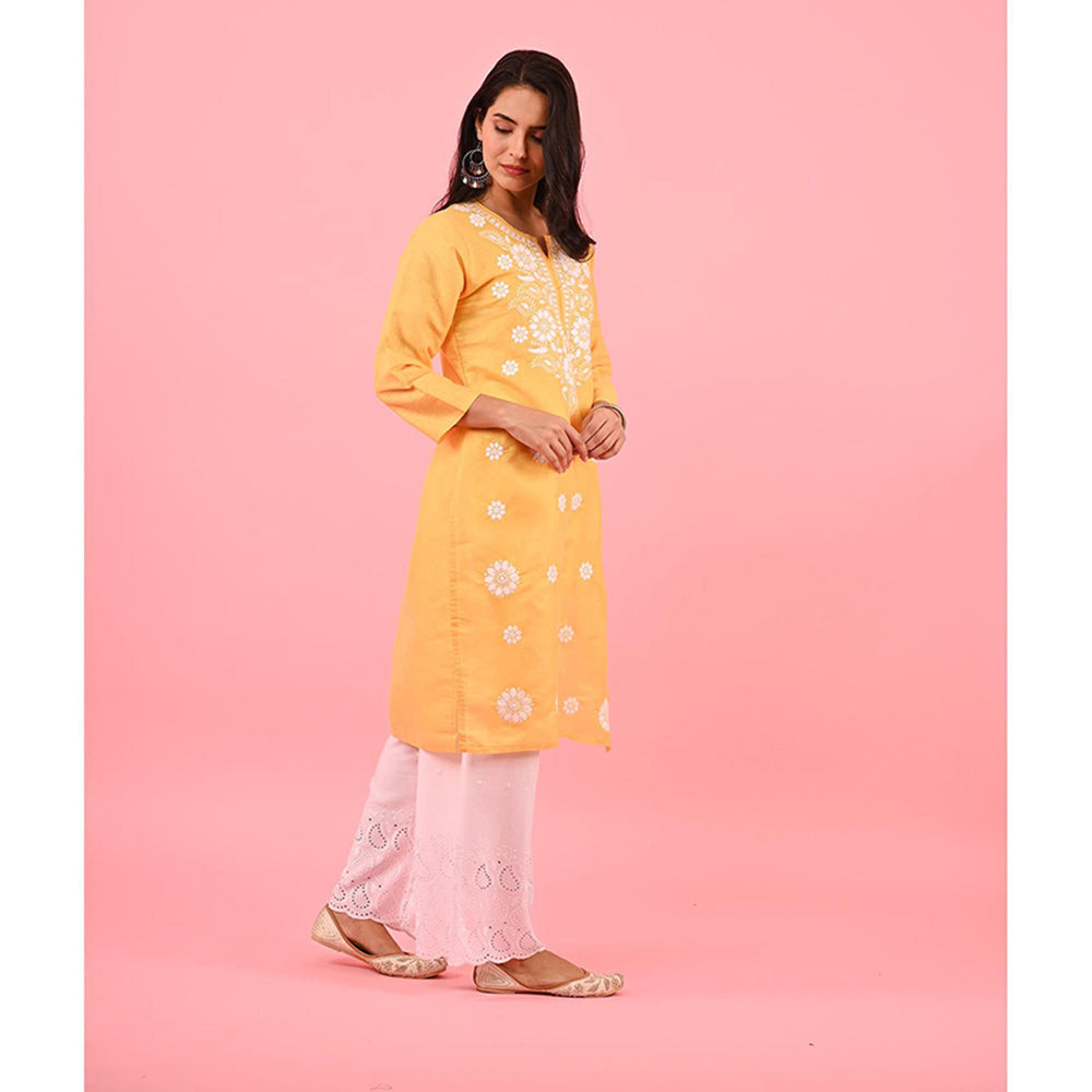 House of Chikankari Zinia Embroidered Cotton Straight Kurta Yellow