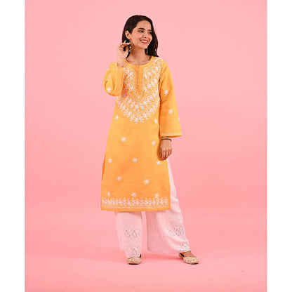 House of Chikankari Zinia Embroidered Cotton Straight Kurta Yellow