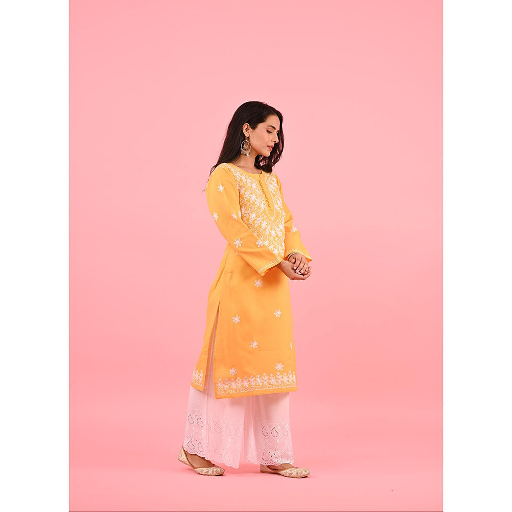House of Chikankari Zinia Embroidered Cotton Straight Kurta Yellow