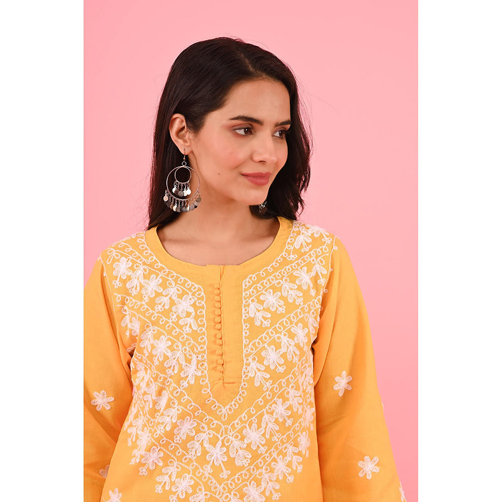 House of Chikankari Zinia Embroidered Cotton Straight Kurta Yellow