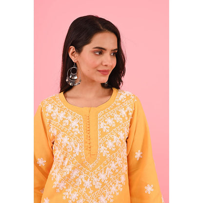House of Chikankari Zinia Embroidered Cotton Straight Kurta Yellow