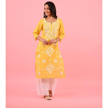 House of Chikankari Zinia Embroidered Cotton Straight Kurta Yellow