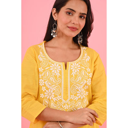 House of Chikankari Zinia Embroidered Cotton Straight Kurta Yellow