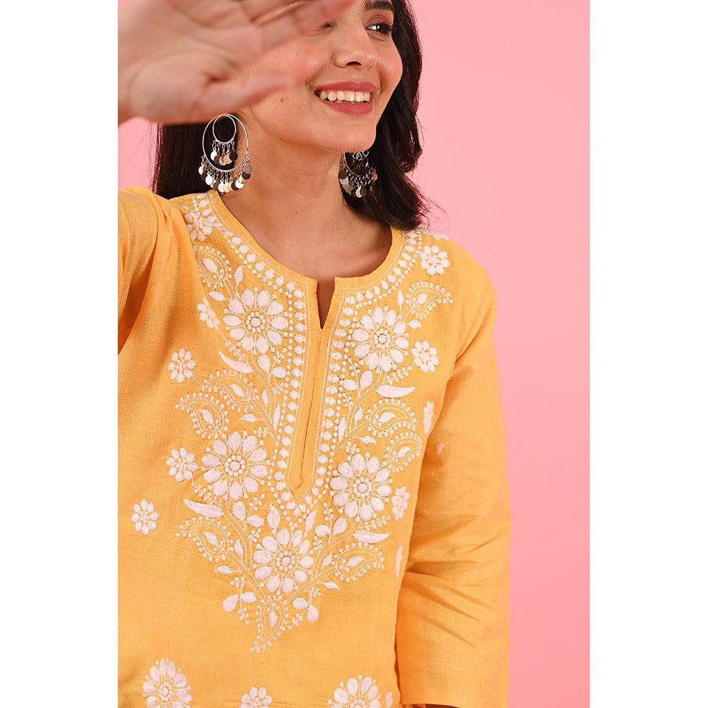House of Chikankari Zinia Embroidered Cotton Straight Kurta Yellow