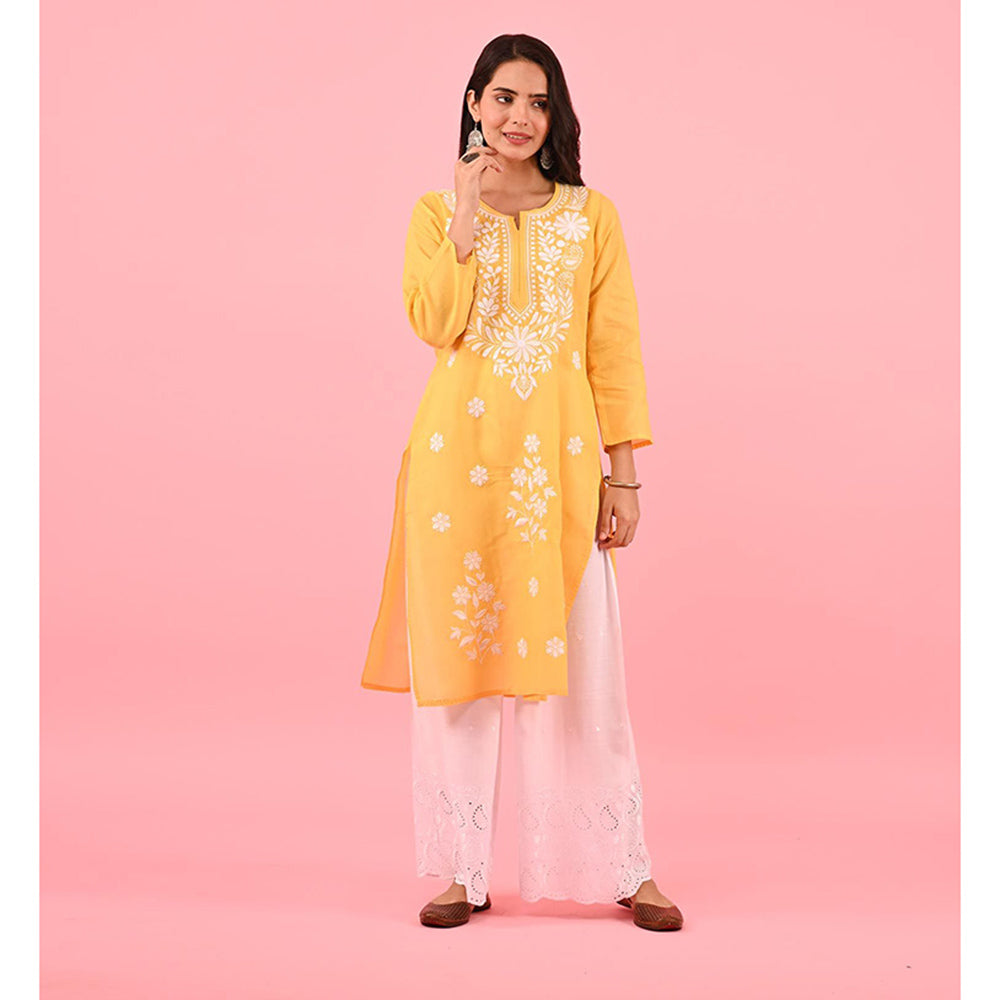 House of Chikankari Zinia Embroidered Cotton Straight Kurta Yellow