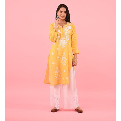 House of Chikankari Zinia Embroidered Cotton Straight Kurta Yellow