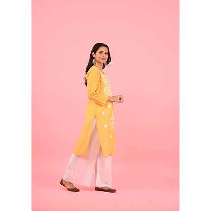 House of Chikankari Zinia Embroidered Cotton Straight Kurta Yellow