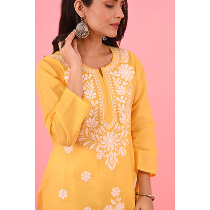 House of Chikankari Zinia Embroidered Cotton Straight Kurta Yellow