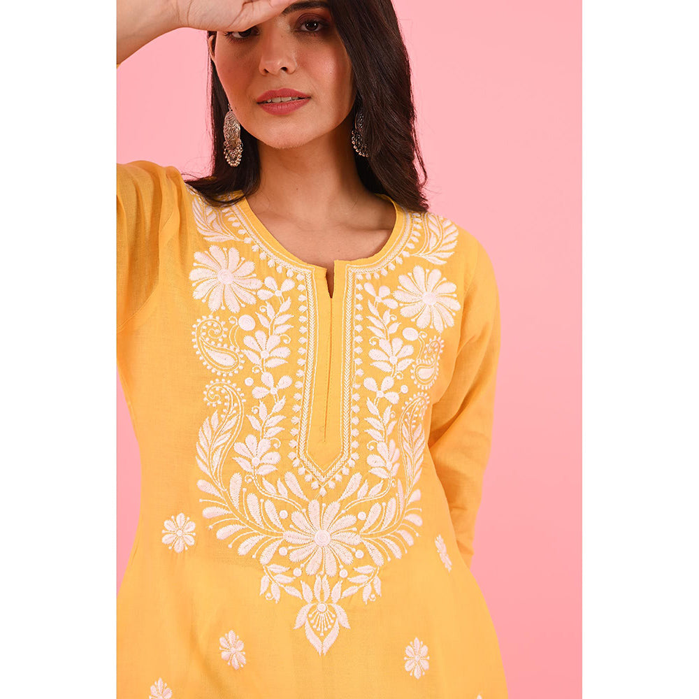 House of Chikankari Zinia Embroidered Cotton Straight Kurta Yellow