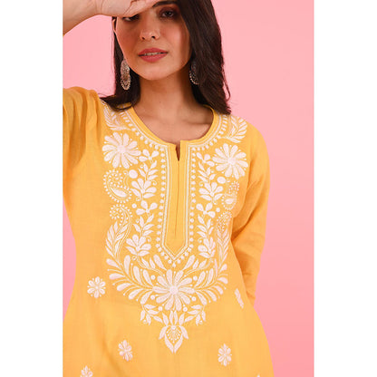 House of Chikankari Zinia Embroidered Cotton Straight Kurta Yellow