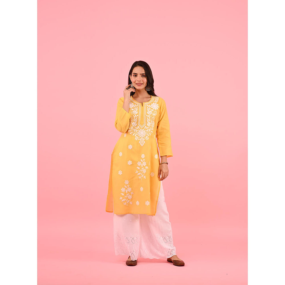 House of Chikankari Zinia Embroidered Cotton Straight Kurta Yellow