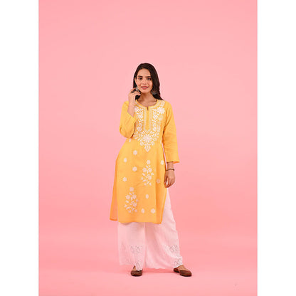 House of Chikankari Zinia Embroidered Cotton Straight Kurta Yellow