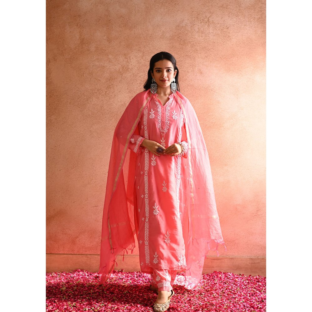 House of Chikankari Aabis Chikankari Chanderi Straight Kurta, Pants with Inner & Dupatta (Set of 4)