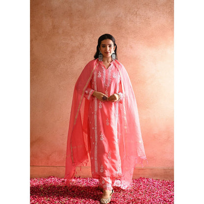House of Chikankari Aabis Chikankari Chanderi Straight Kurta, Pants with Inner & Dupatta (Set of 4)