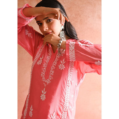 House of Chikankari Aabis Chikankari Chanderi Straight Kurta, Pants with Inner & Dupatta (Set of 4)