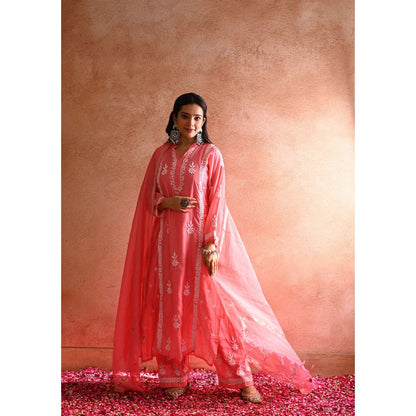House of Chikankari Aabis Chikankari Chanderi Straight Kurta, Pants with Inner & Dupatta (Set of 4)