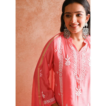 House of Chikankari Aabis Chikankari Chanderi Straight Kurta, Pants with Inner & Dupatta (Set of 4)
